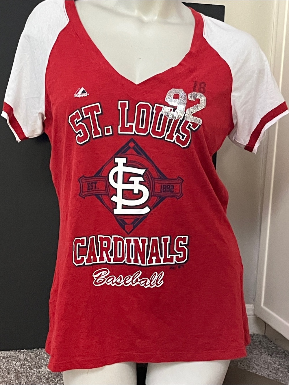 Majestic St. Louis Cardinals Red and White V-Neck Tee